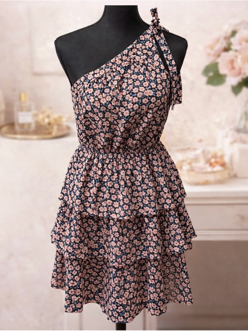PrettyGarden One Shoulder Floral Ruffle Dress Tiered Mini Medium
